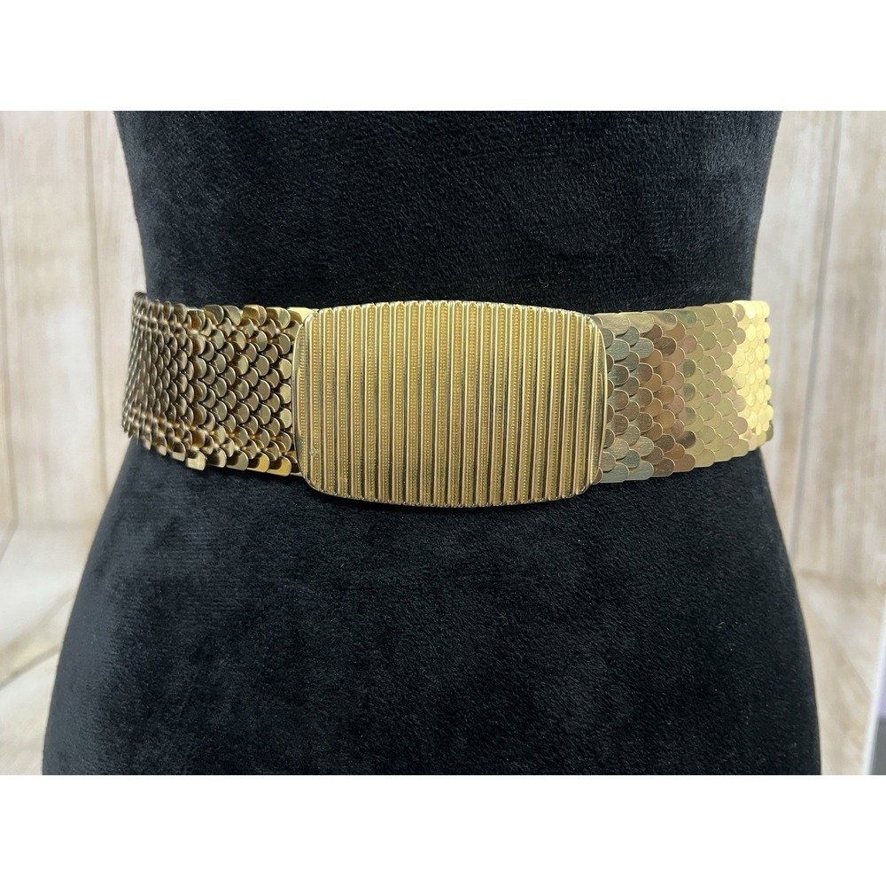 Vtg Gold Tone Metal Mesh Fish Scale Belt Sz S Stretch Wide Y2K Disco Statement